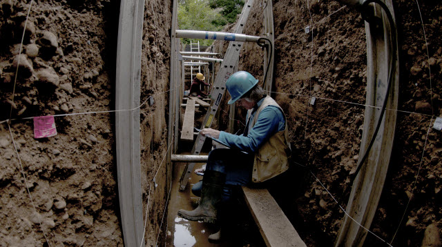 Carol Prentice at a trench site on the San Andreas Fault.
