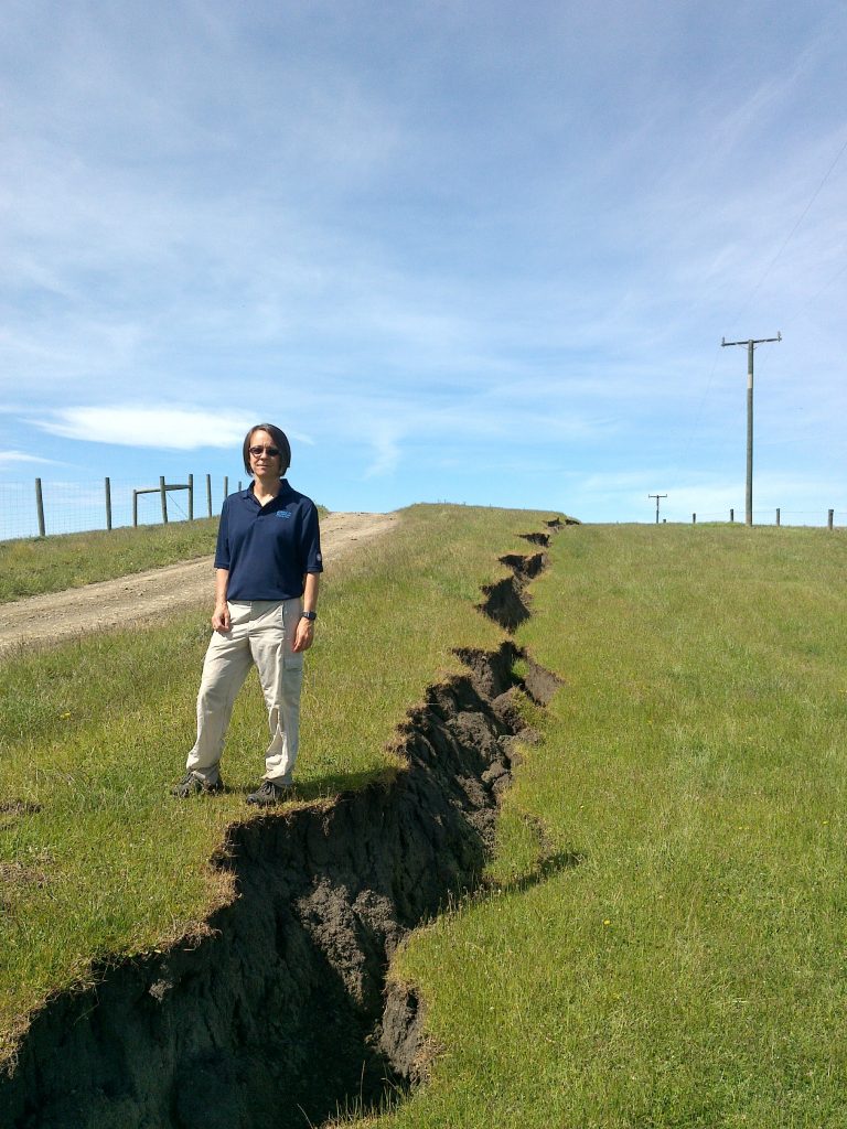 Ellen Rathje along surface rupture related to 2015 Kaikoura earthquake in New Zealand.
