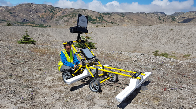 Simona Gabrielli at Mount St. Helens using portable seismometer.