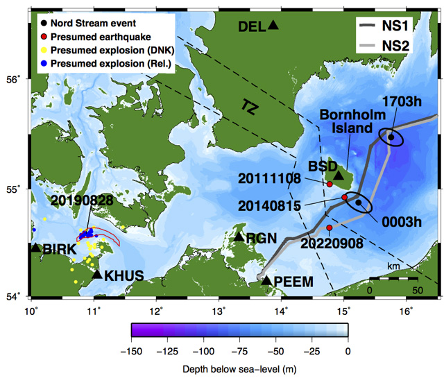 Map showing the locations of the two largest Nord Stream explosion events.