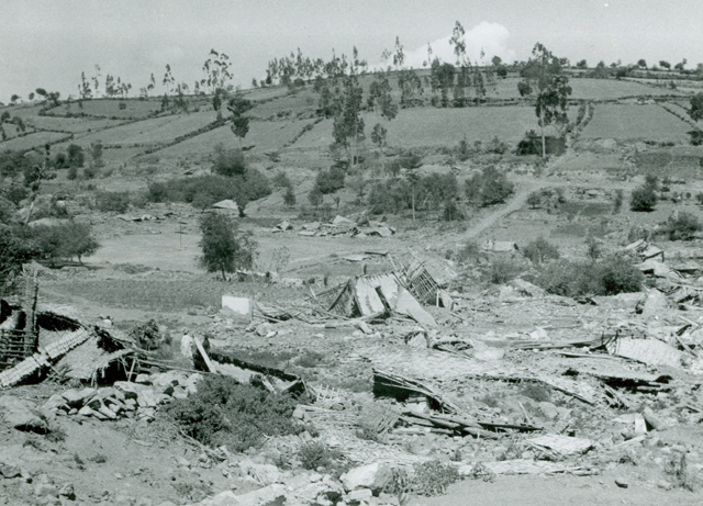 Ruined homes in Ruins of Pelileo in Ambato — after the 1949 Ambato earthquake in Ecuador.
