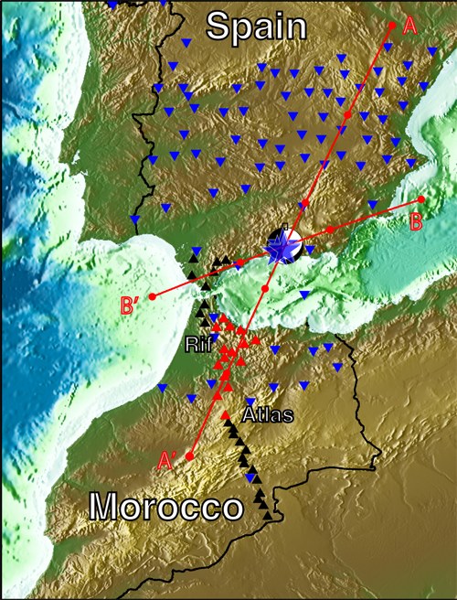 Map of seismic stations and the deep Granada earthquake.