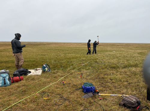 Geophones and seismologists on Alaskan tundra.