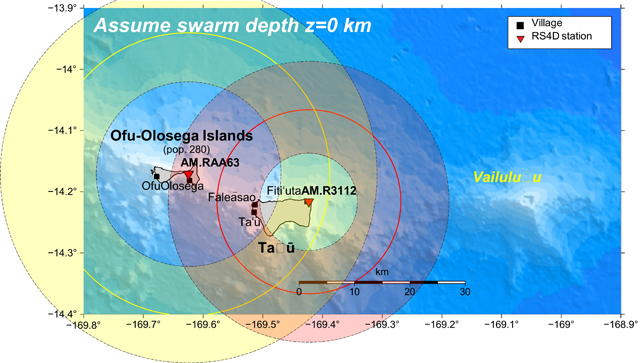 Map of Manuʻa Islands with Raspberry Shake locations (red triangles) and villages (black squares) contributing swarm reports.  