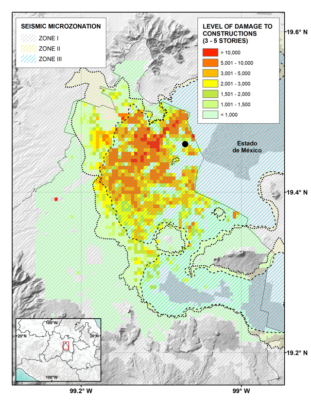 Map of possible moderate earthquake residential damage in Mexico City lake bed.