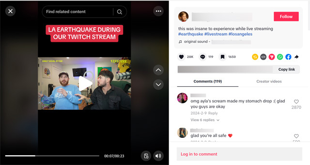 Still from TikTok showing two men reacting to Los Angeles earthquake.