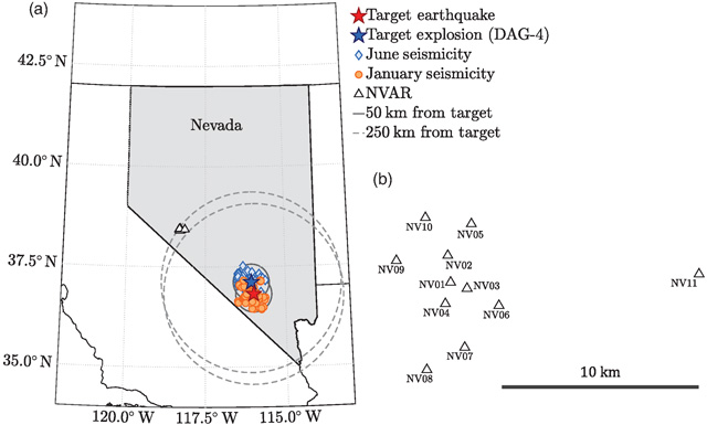 Map of target sources, background seismicity, and NVAR seismic array sensor locations.