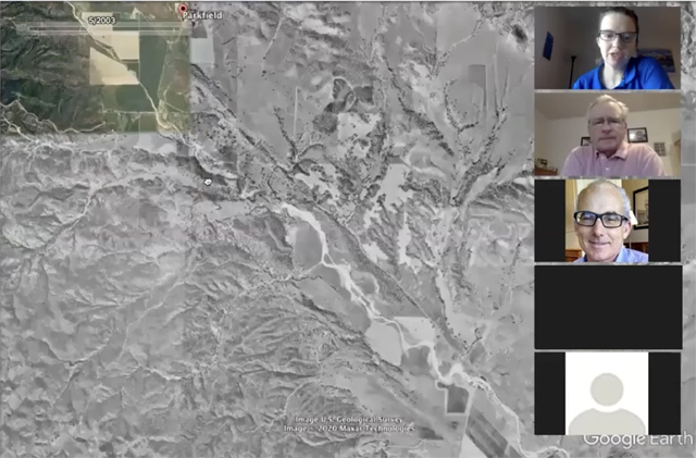 Still image from Zoom video showing professors looking at fault map.