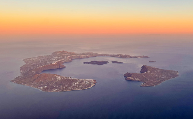Aerial photo of Santorini at sunset